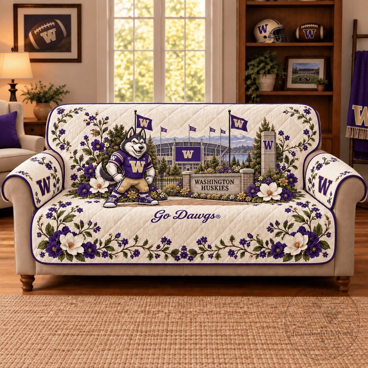 Washington Huskies Football Team Stadium and Mascot Sofa Protector Cover