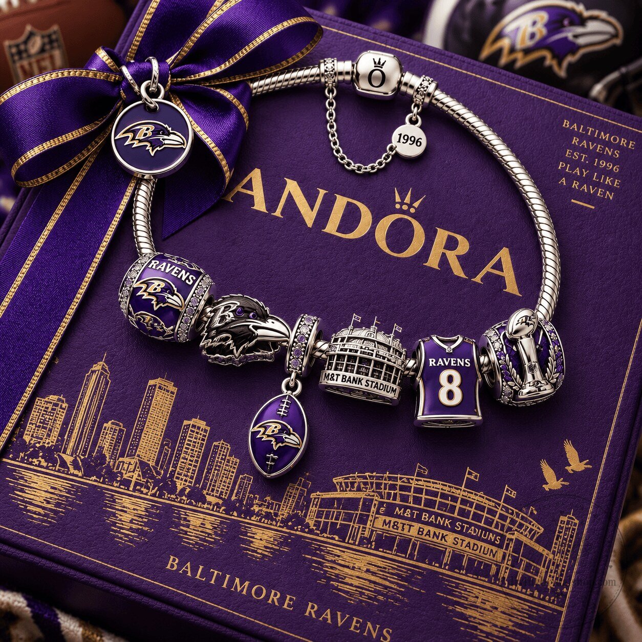 Baltimore Ravens Football Team Silver Charm Bracelet Set