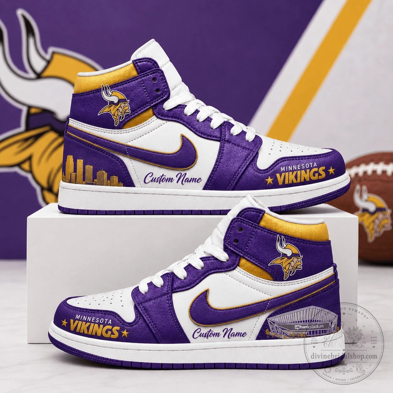 Minnesota Vikings Custom Name Purple and Gold High Top Sneakers