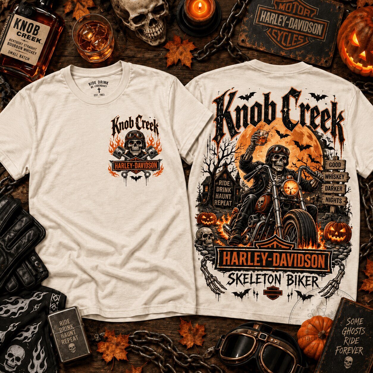 Harley Davidson Shirt Knob Creek Skeleton Biker Halloween Graphic T-Shirt