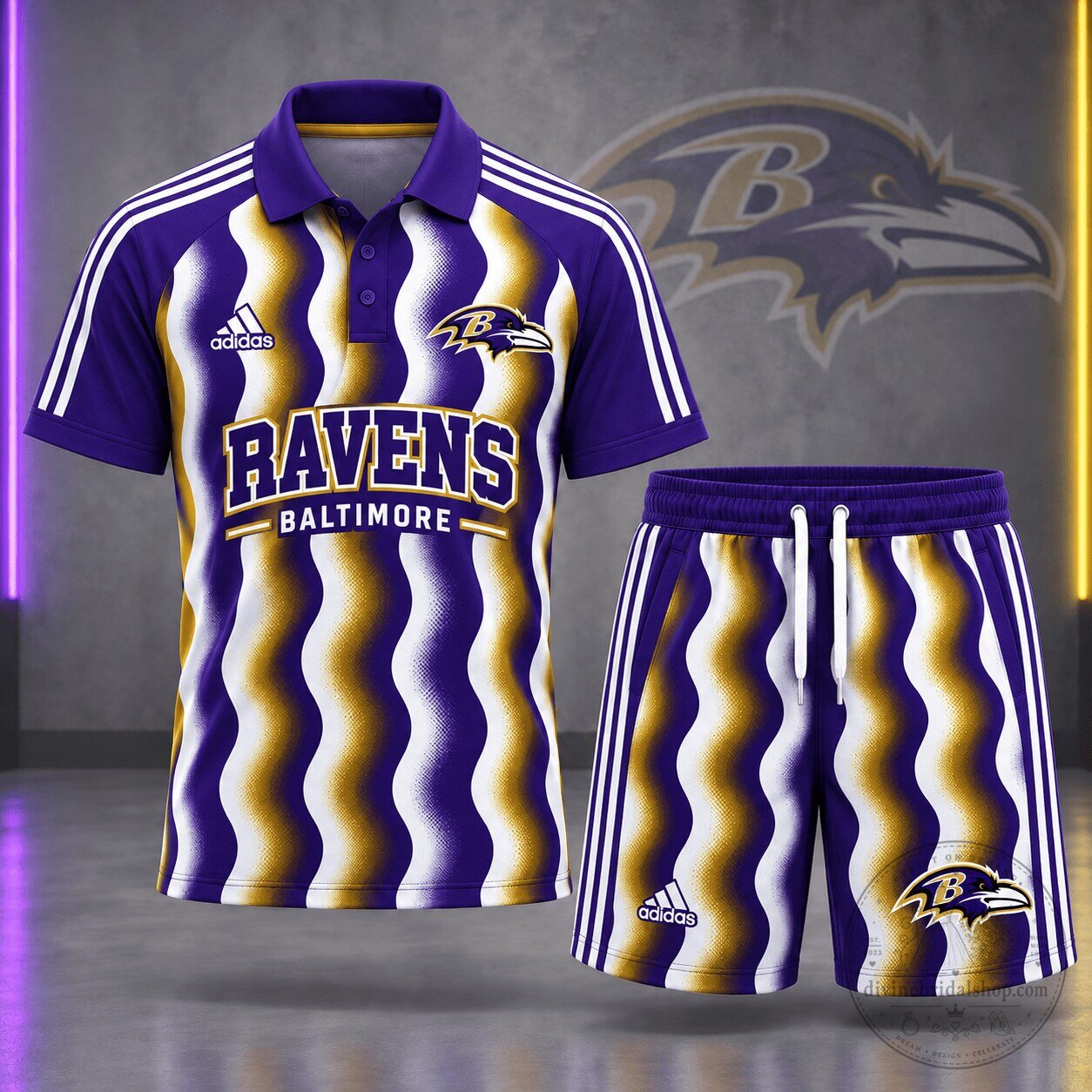 Baltimore Ravens NFL Team Wavy Stripes Polo Shirt and Shorts Set