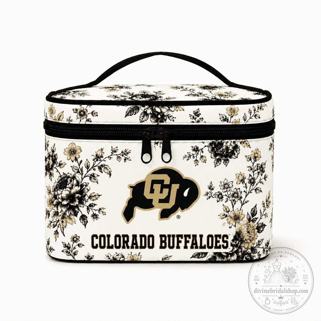 Colorado Buffaloes Floral Pattern Black and Gold Cosmetic Bag 1 Colorado Buffaloes Floral Pattern Black and Gold Cosmetic Bag