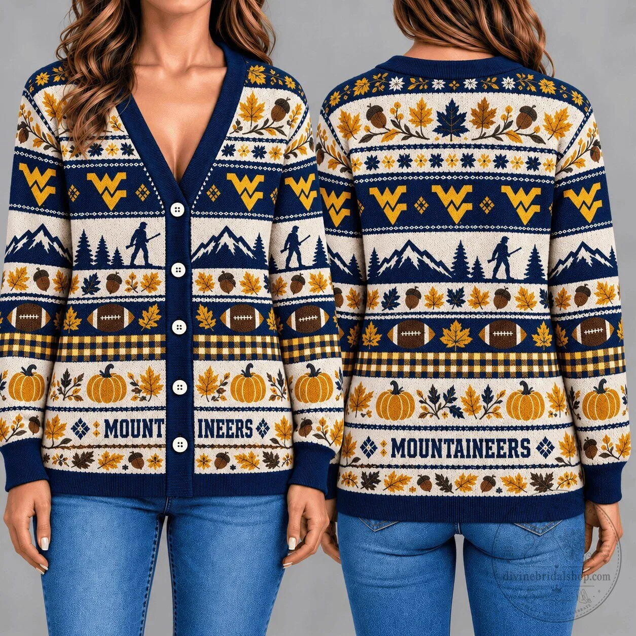 West Virginia Mountaineers Autumn Harvest Pattern Knitted Cardigan Sweater