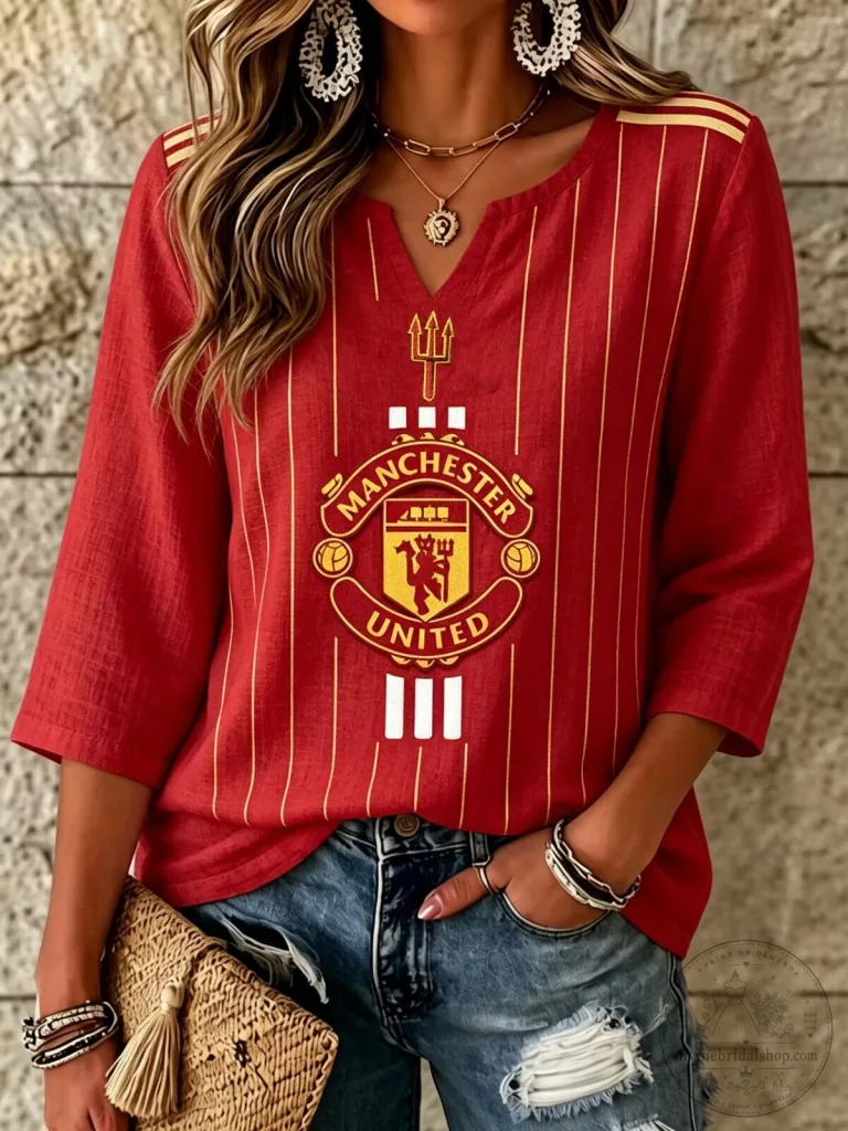 Manchester United Football Club Women's Red Striped V-Neck Shirt