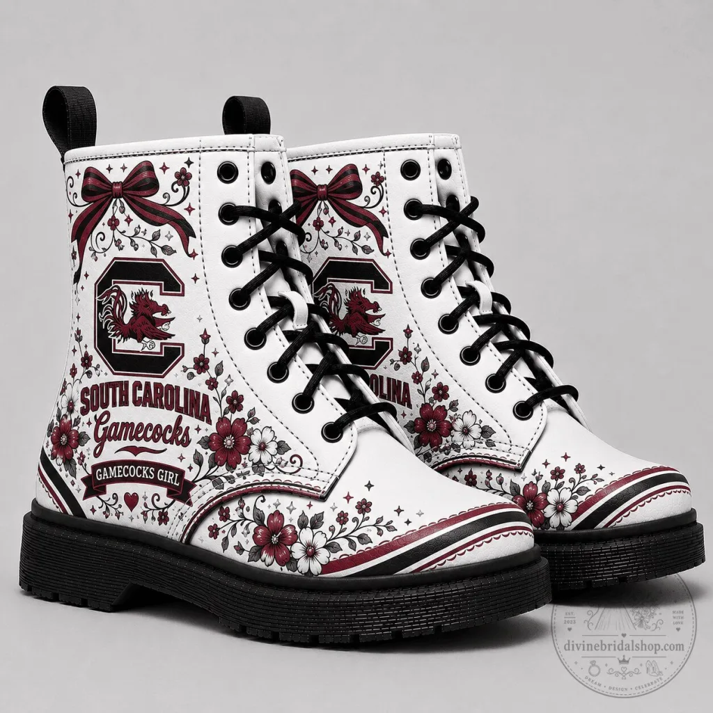 South Carolina Gamecocks Floral Pattern White Combat Boots for Women South Carolina Gamecocks Floral Pattern White Combat Boots for Women