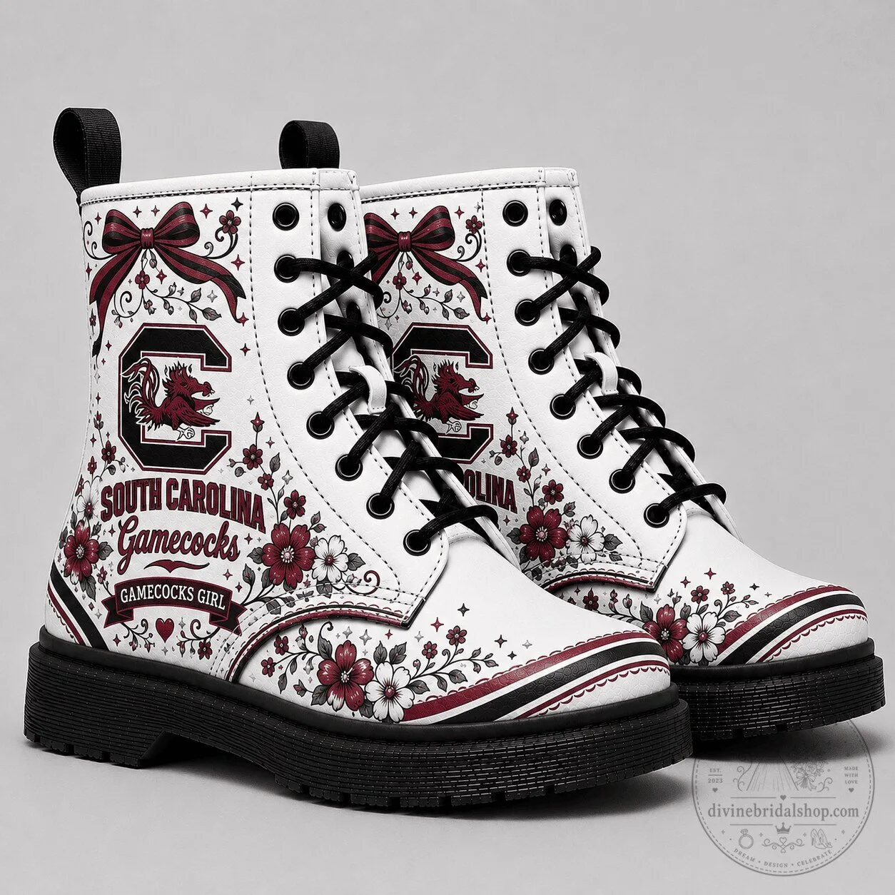 South Carolina Gamecocks Floral Pattern White Combat Boots for Women