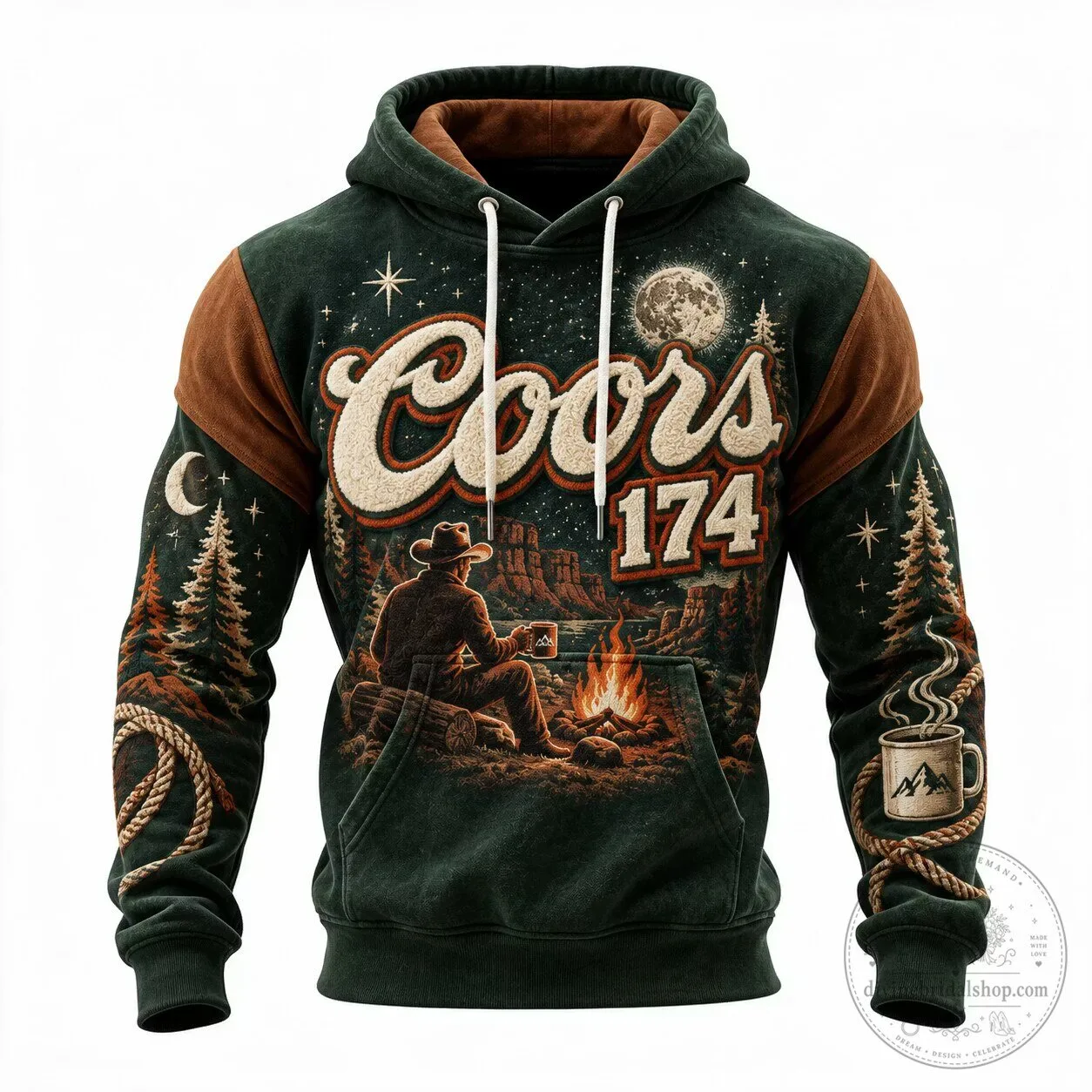 Coors 174 Western Cowboy Campfire Moonlit Forest Hoodie