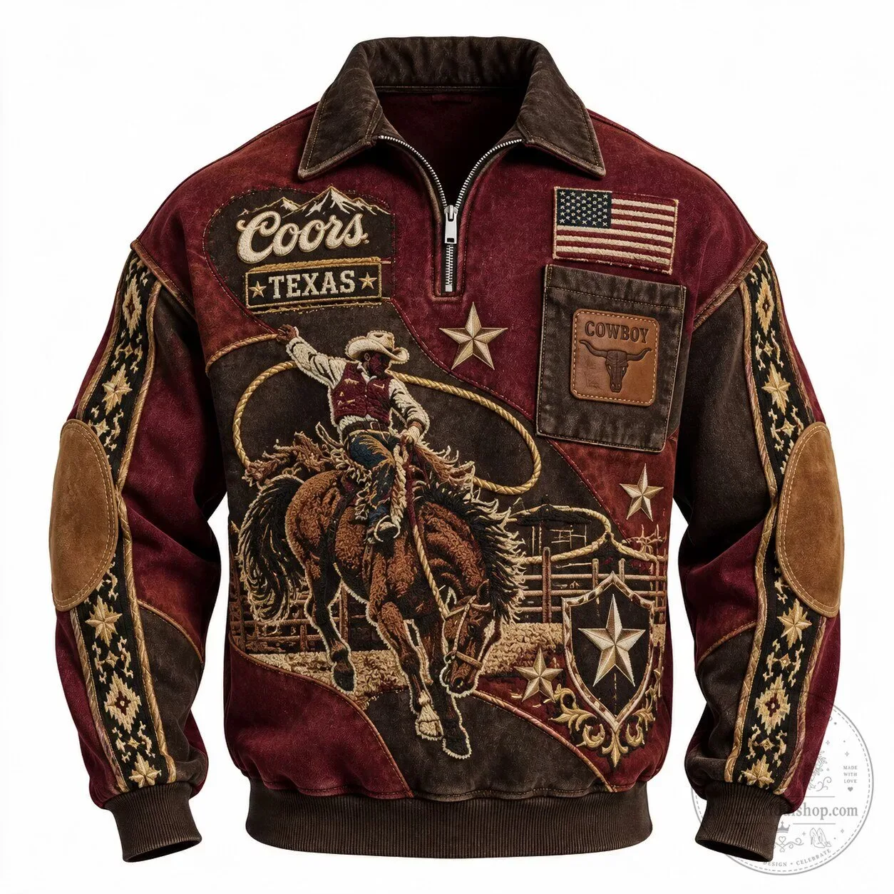 Coors Texas Cowboy Western Rodeo Quarter Zip Long Sleeve Jacket