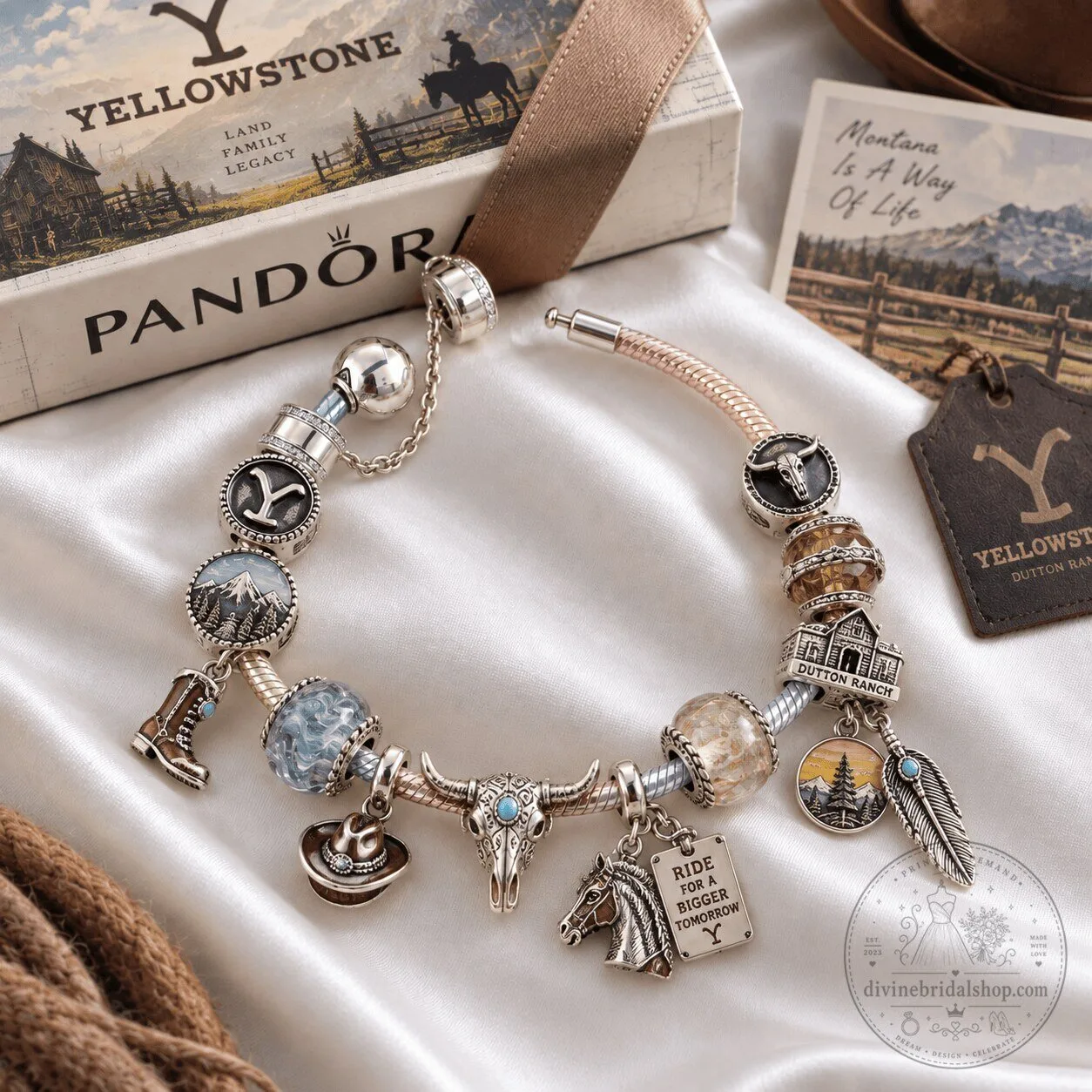 Yellowstone Dutton Ranch Western Charm Bracelet Set with Pandora Style Charms