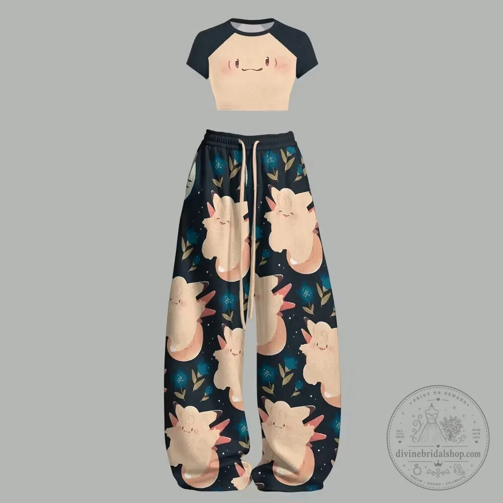 Cute Clefairy Pokemon Character Print Women's Crop Top and Pants Set