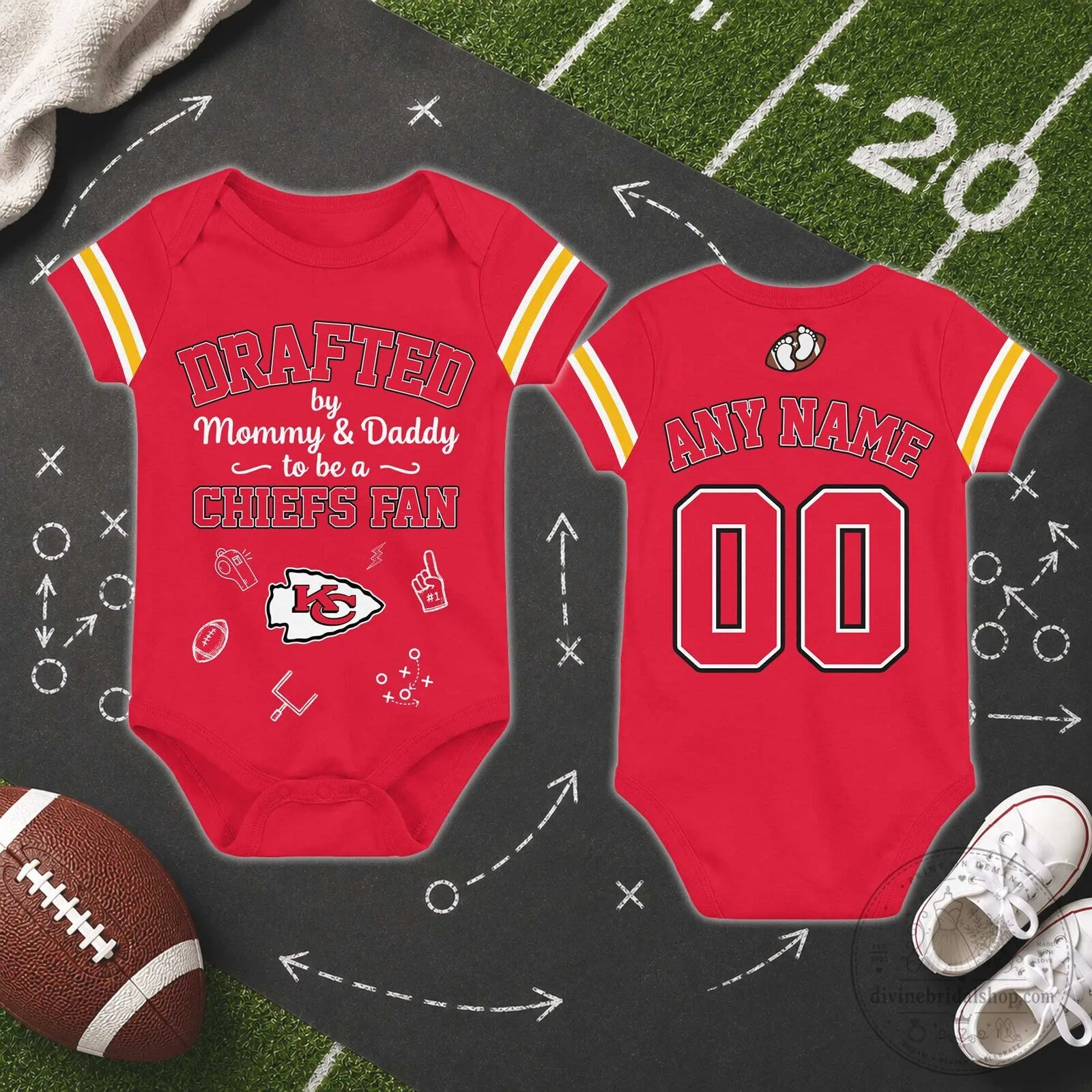 Chiefs Drafted to Be a Fan Custom Name & Number Baby Romper