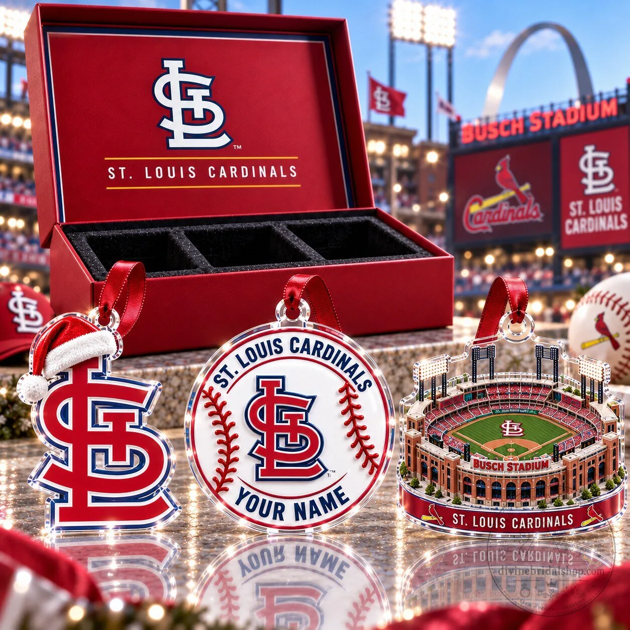St. Louis Cardinals MLB Busch Stadium Baseball Christmas Tree Ornaments Set
