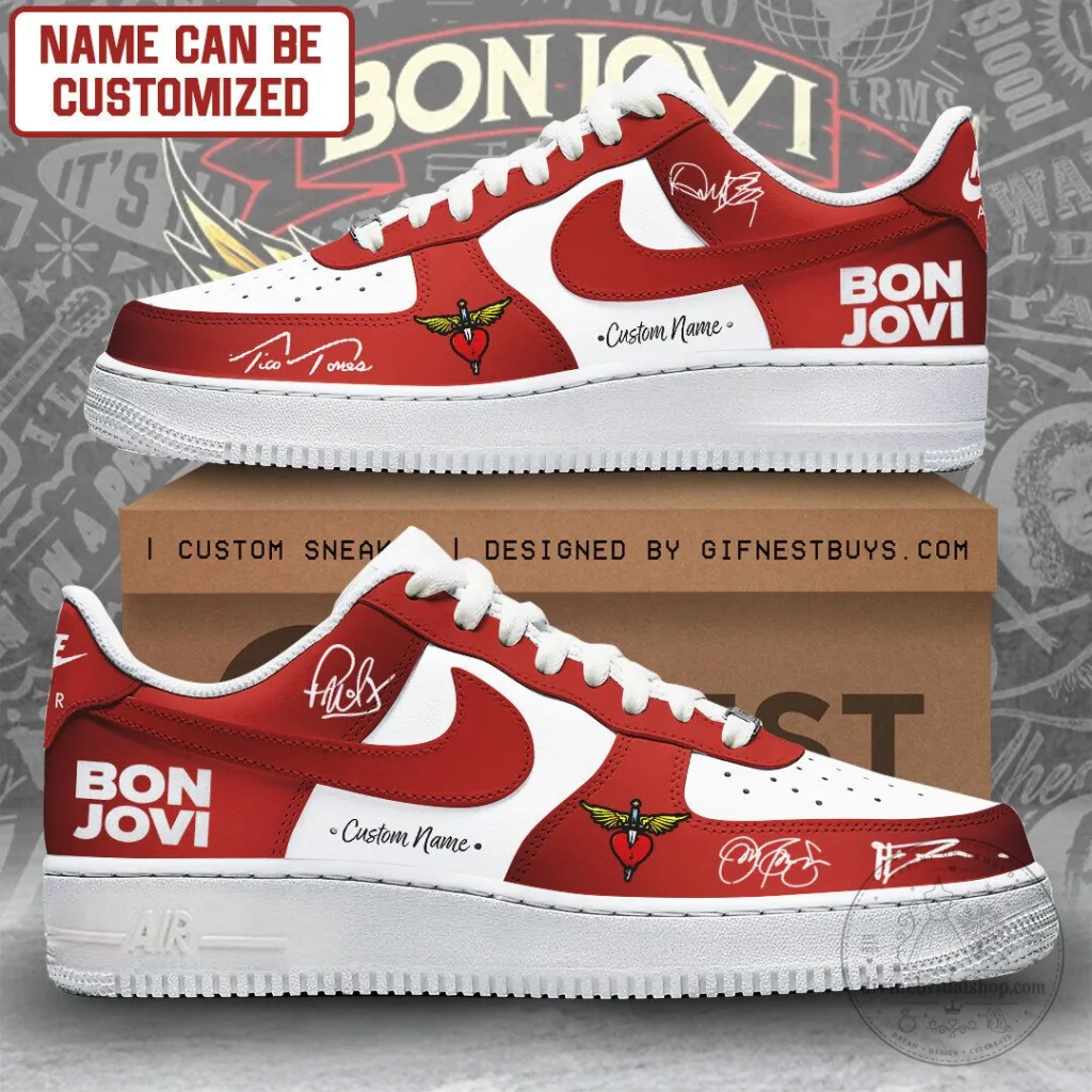 Bon Jovi Rock Band Personalized Custom Name Red and White Sneakers