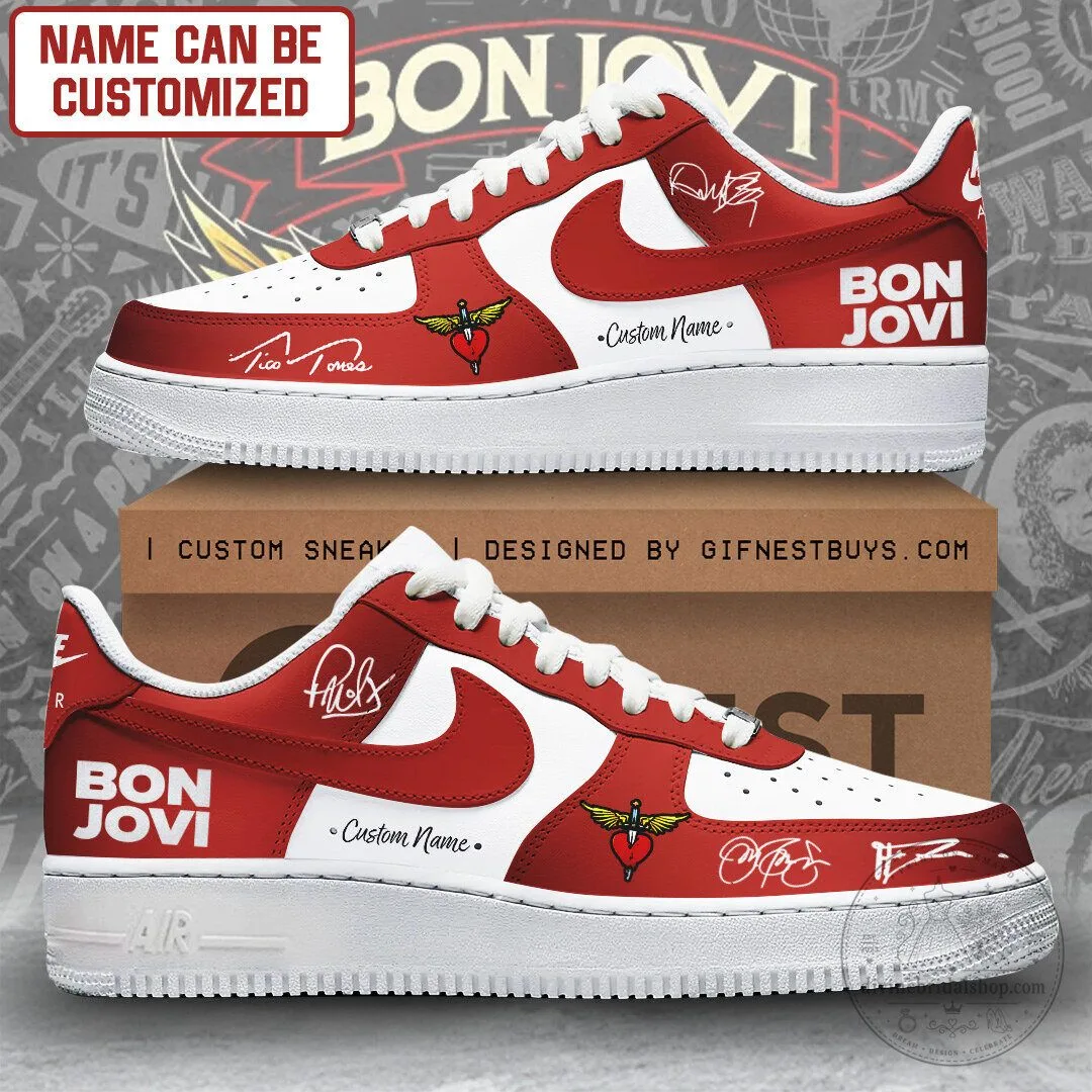 Bon Jovi Rock Band Personalized Custom Name Red and White Sneakers