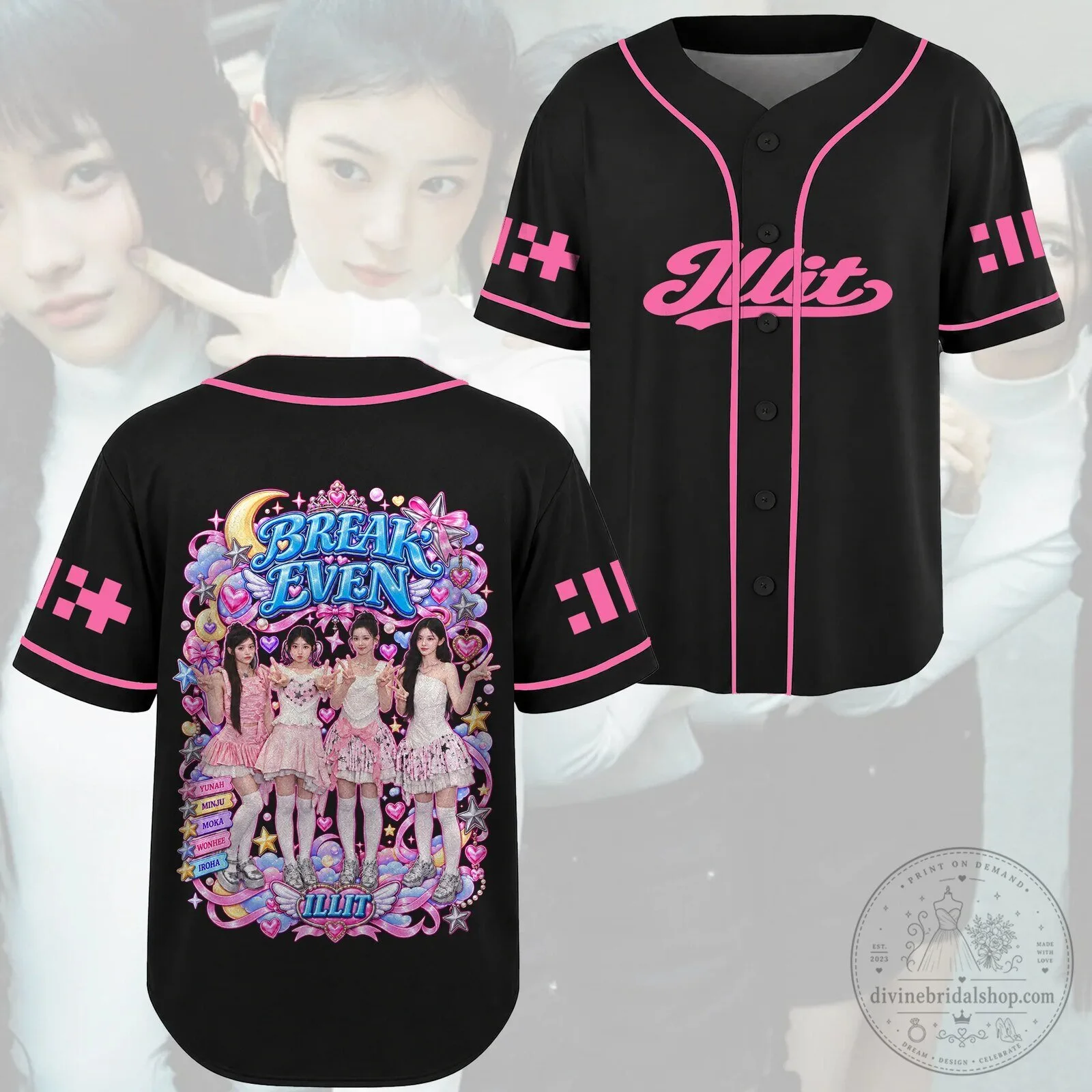 ILLIT Break Even K-Pop Group Black and Pink Baseball Jersey
