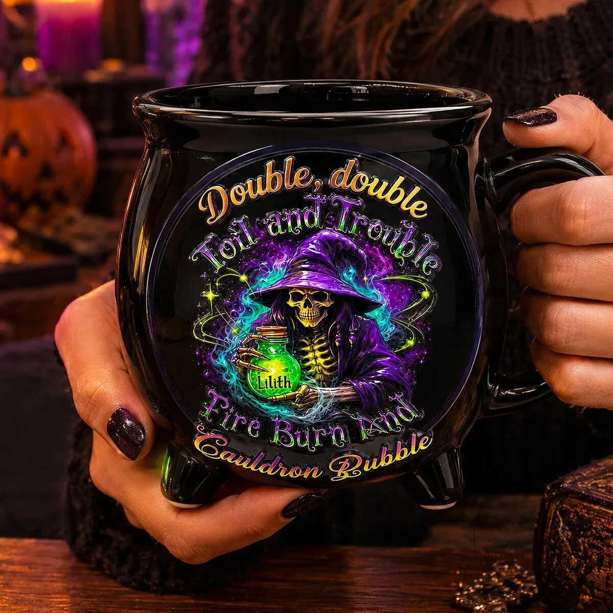 Halloween Witch Skeleton Cauldron Double Double Toil and Trouble Mug