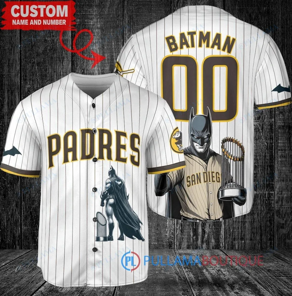 Batman San Diego Padres Pinstripe Baseball Jersey with World Series Trophy