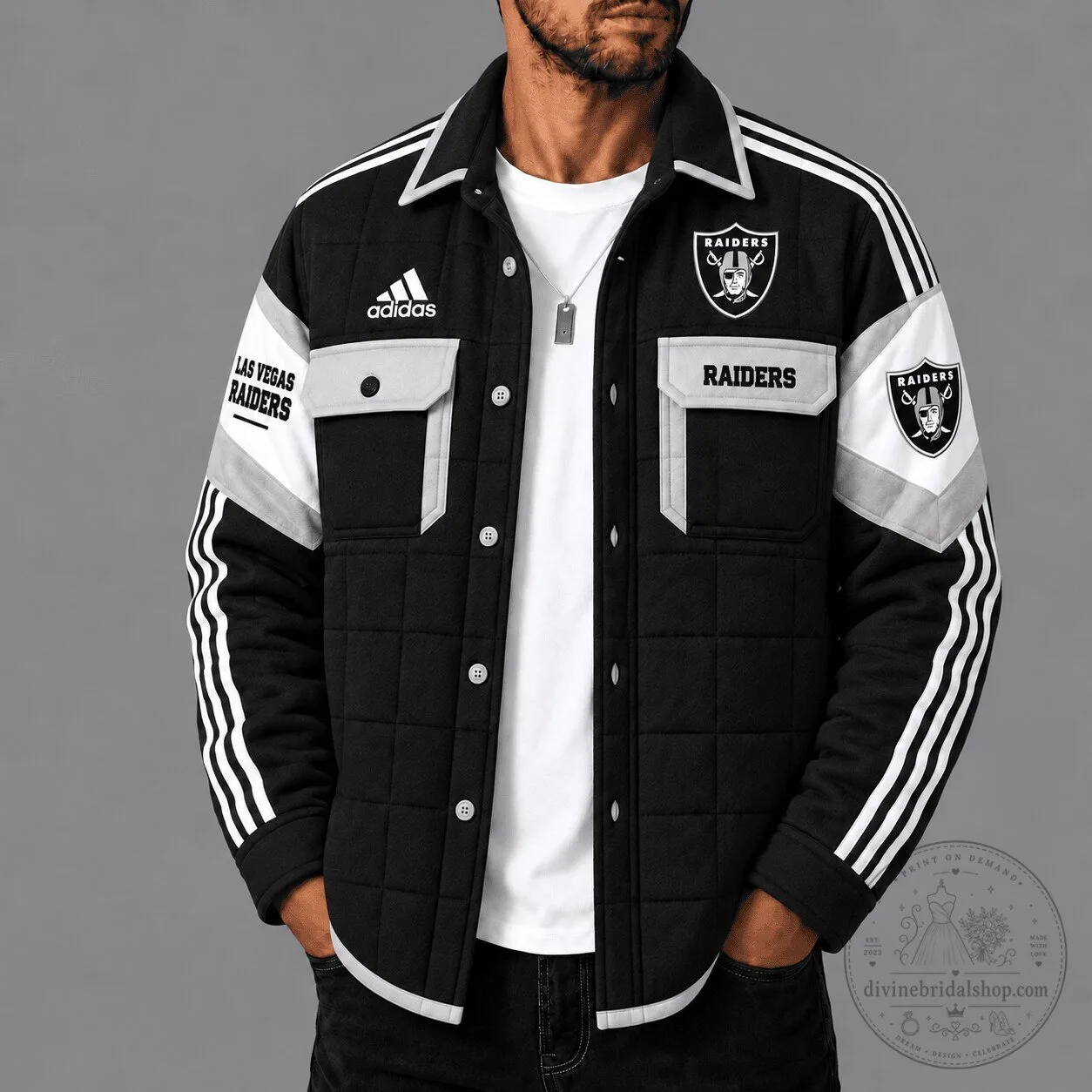 Las Vegas Raiders NFL Football Quilted Jacket with Adidas Stripes