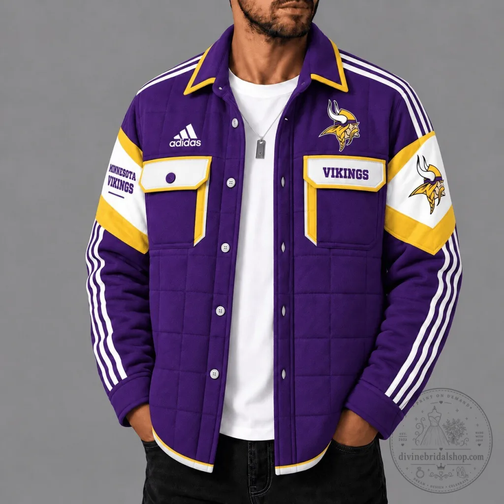Minnesota Vikings NFL Gridiron Quilted Jacket with Adidas Stripes Minnesota Vikings NFL Gridiron Quilted Jacket with Adidas Stripes