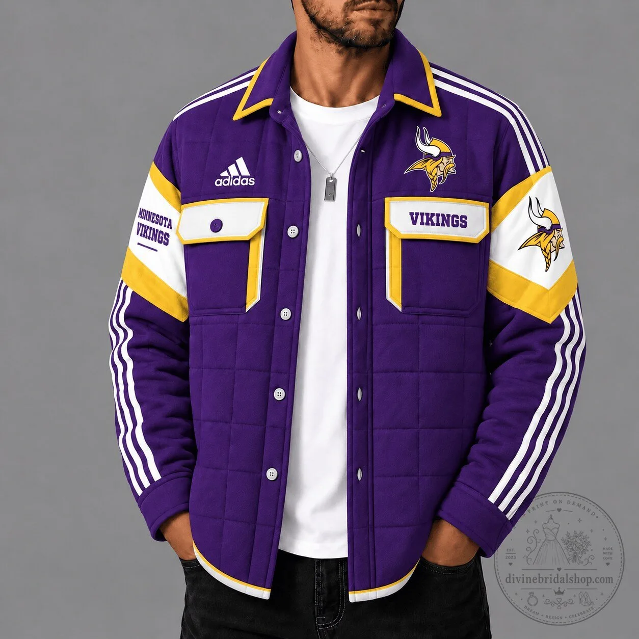 Minnesota Vikings NFL Gridiron Quilted Jacket with Adidas Stripes