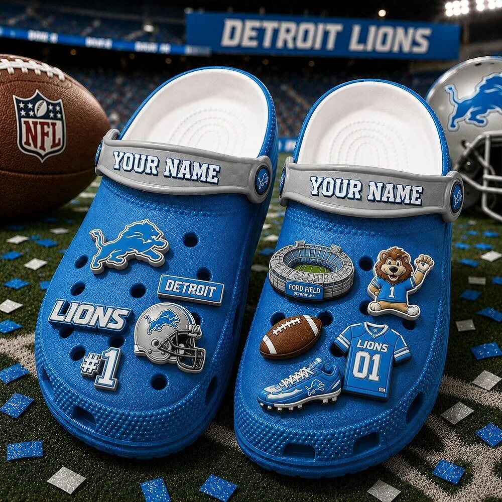 Detroit Lions NFL Football Team Blue Clogs Shoes with Custom Name Charms