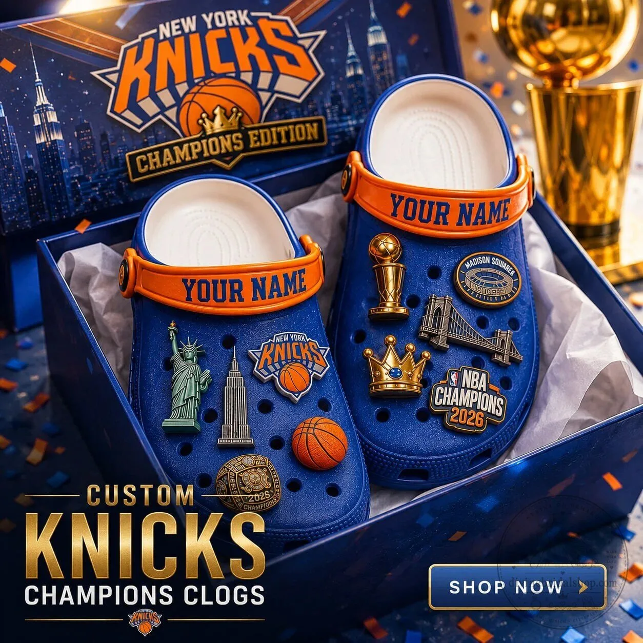 New York Knicks NBA Champions Edition Blue Custom Clogs with Charms