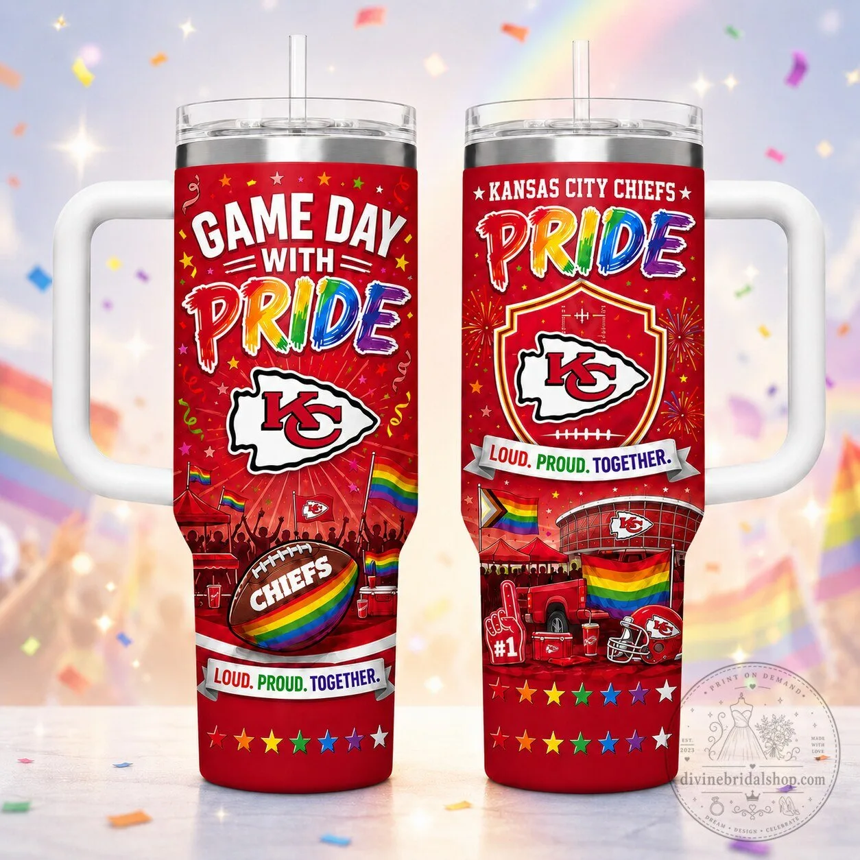 Kansas City Chiefs Game Day Pride Rainbow Stainless Steel Tumbler with Handle