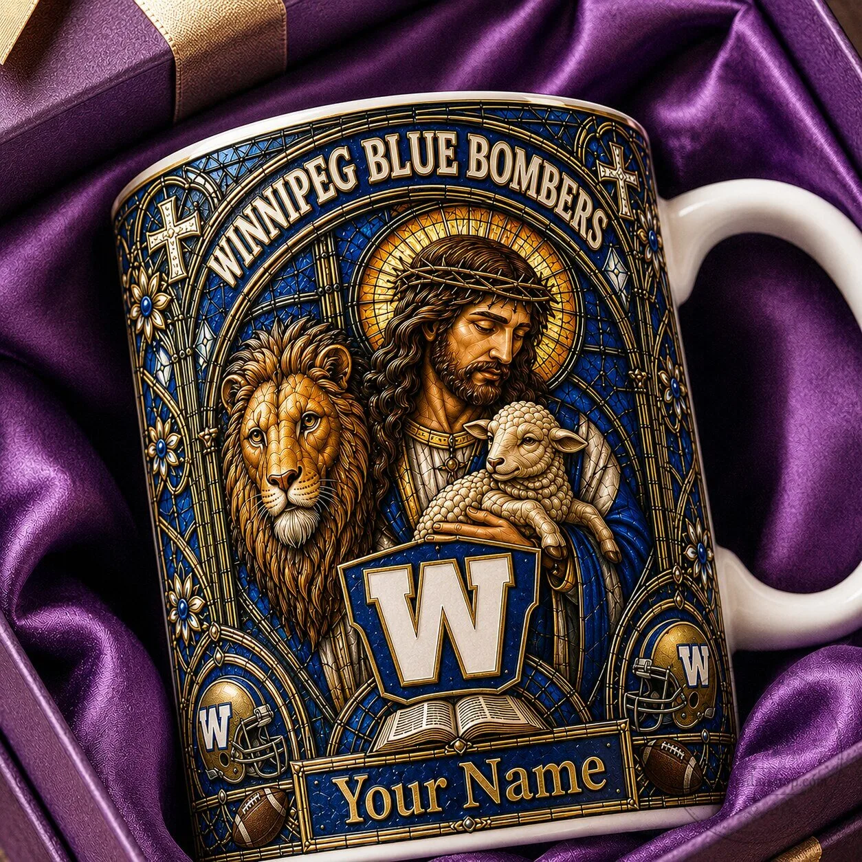 Winnipeg Blue Bombers Jesus Lion Lamb Stained Glass Custom Name Mug