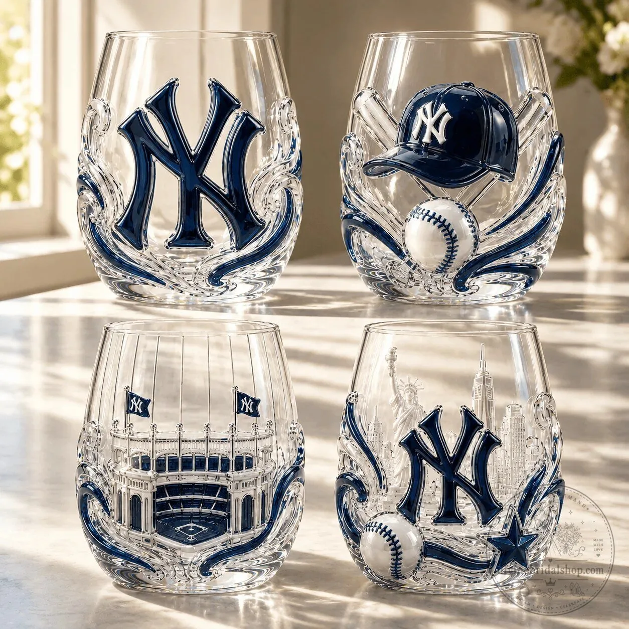 Set of Stemless Wine Glasses with New York Yankees Baseball Team Design