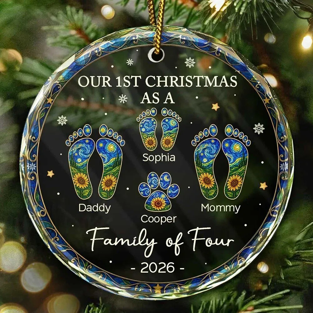 Our First Christmas As A Family Of Four Sunflower Footprints Personalized Round Glass Ornament