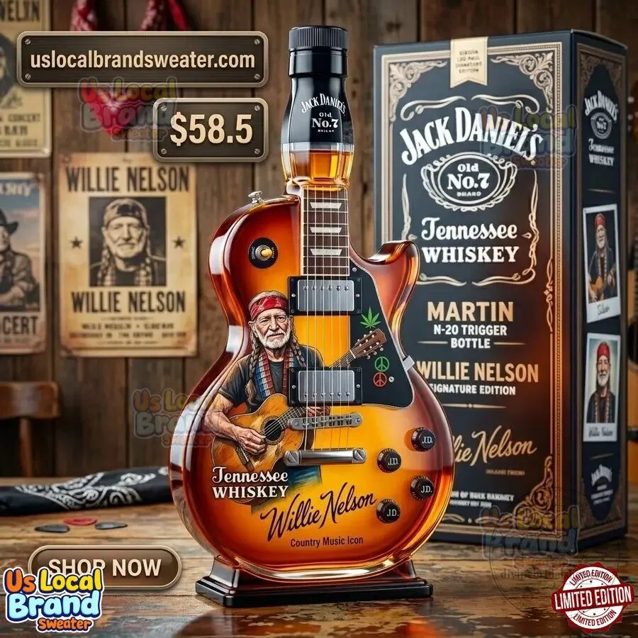 Willie Nelson Jack Daniel's Guitar Shaped Tennessee Whiskey Bottle