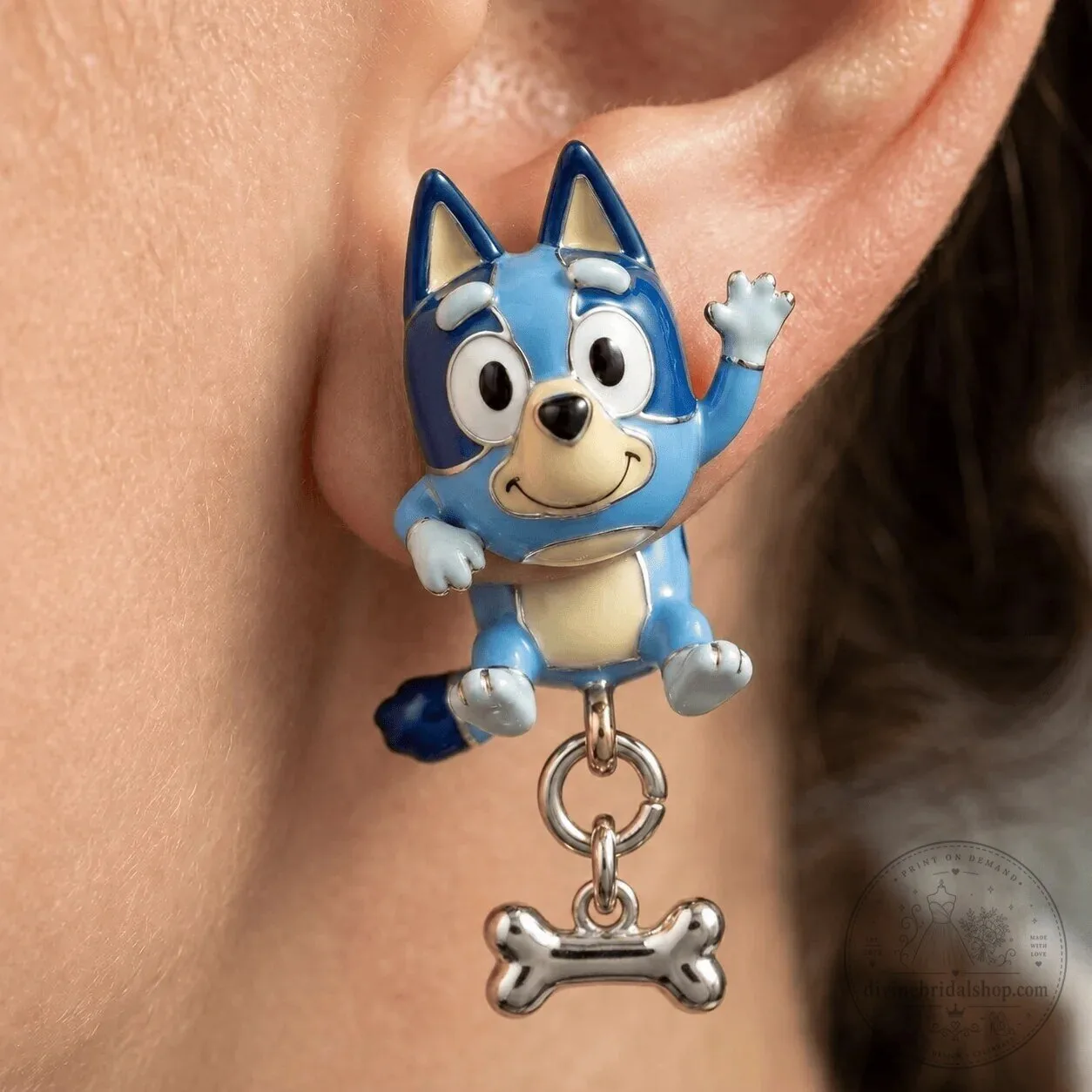 Bluey Heeler Cartoon Character Dangle Earrings with Bone Charm