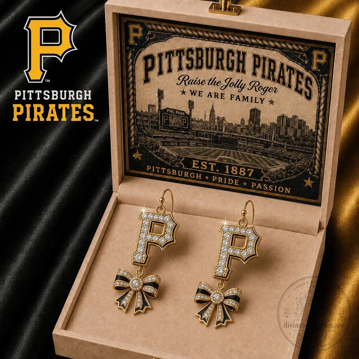 Pittsburgh Pirates Gold Tone Bow Dangle Earrings for Women