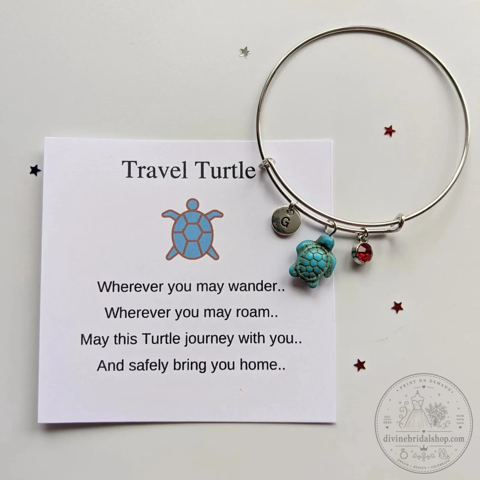 Adjustable Silver Travel Turtle Charm Bracelet with Initial and Birthstone