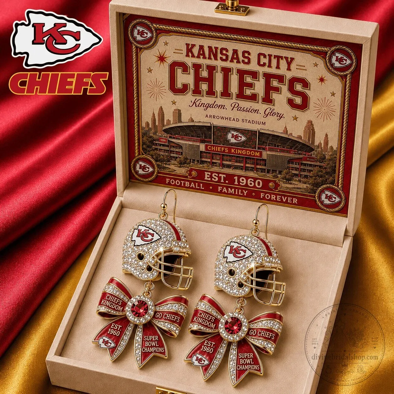 Kansas City Chiefs Football Helmet Bow Dangle Earrings
