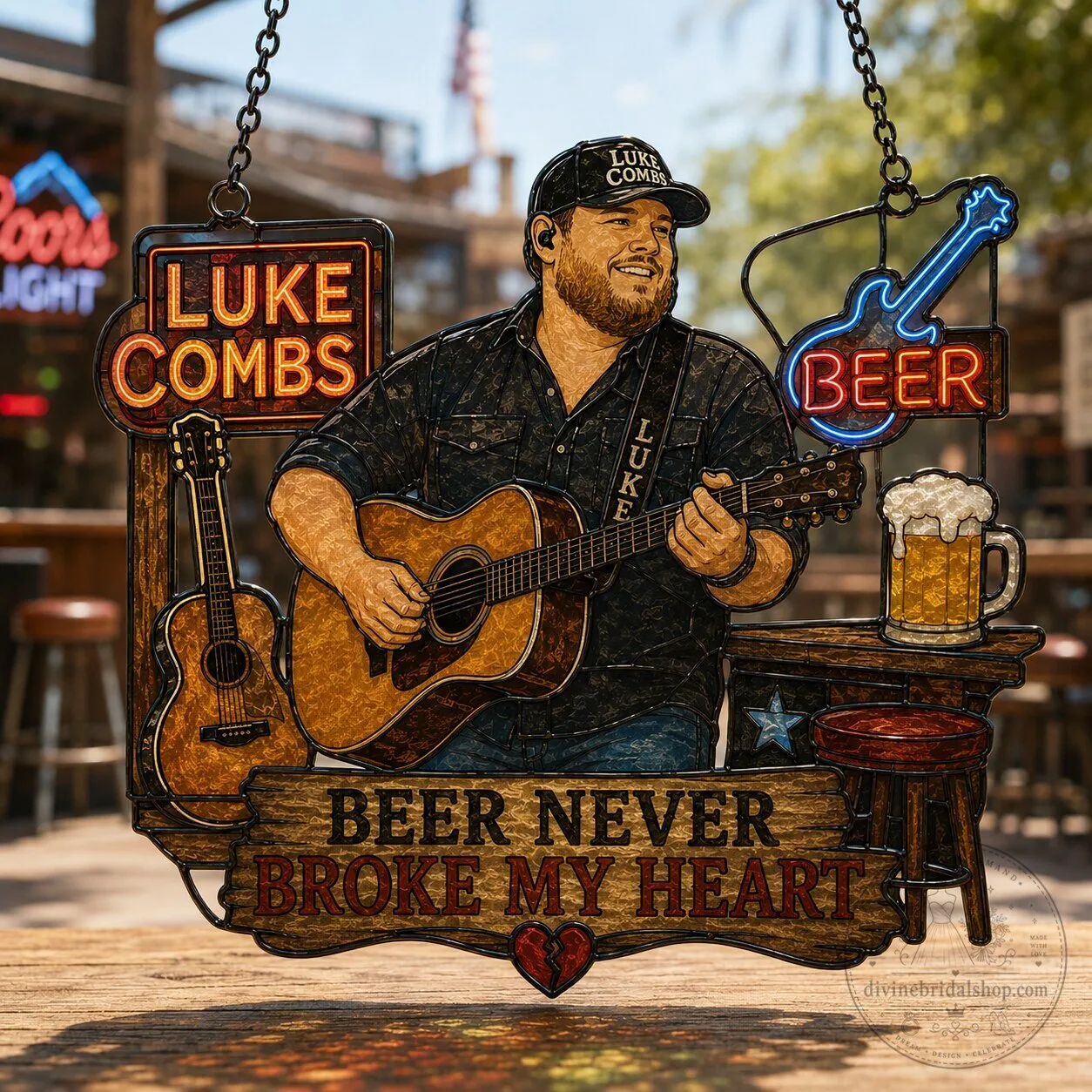 Luke Combs Beer Never Broke My Heart Stained Glass Acrylic Hanging Sign