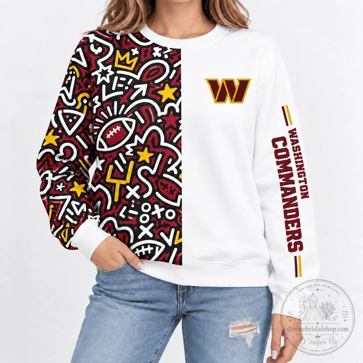 Washington Commanders Pop Art Doodle Pattern White and Burgundy Crewneck Sweatshirt