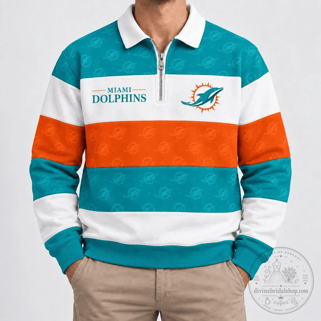 Miami Dolphins NFL Team Striped Quarter-Zip Polo Shirt