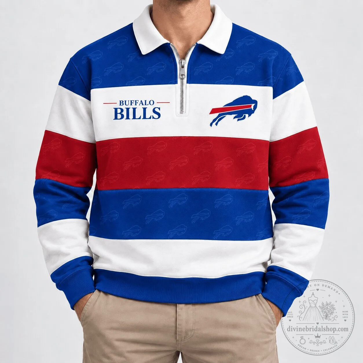 Buffalo Bills NFL Team Red White and Blue Striped Quarter-Zip Polo Shirt