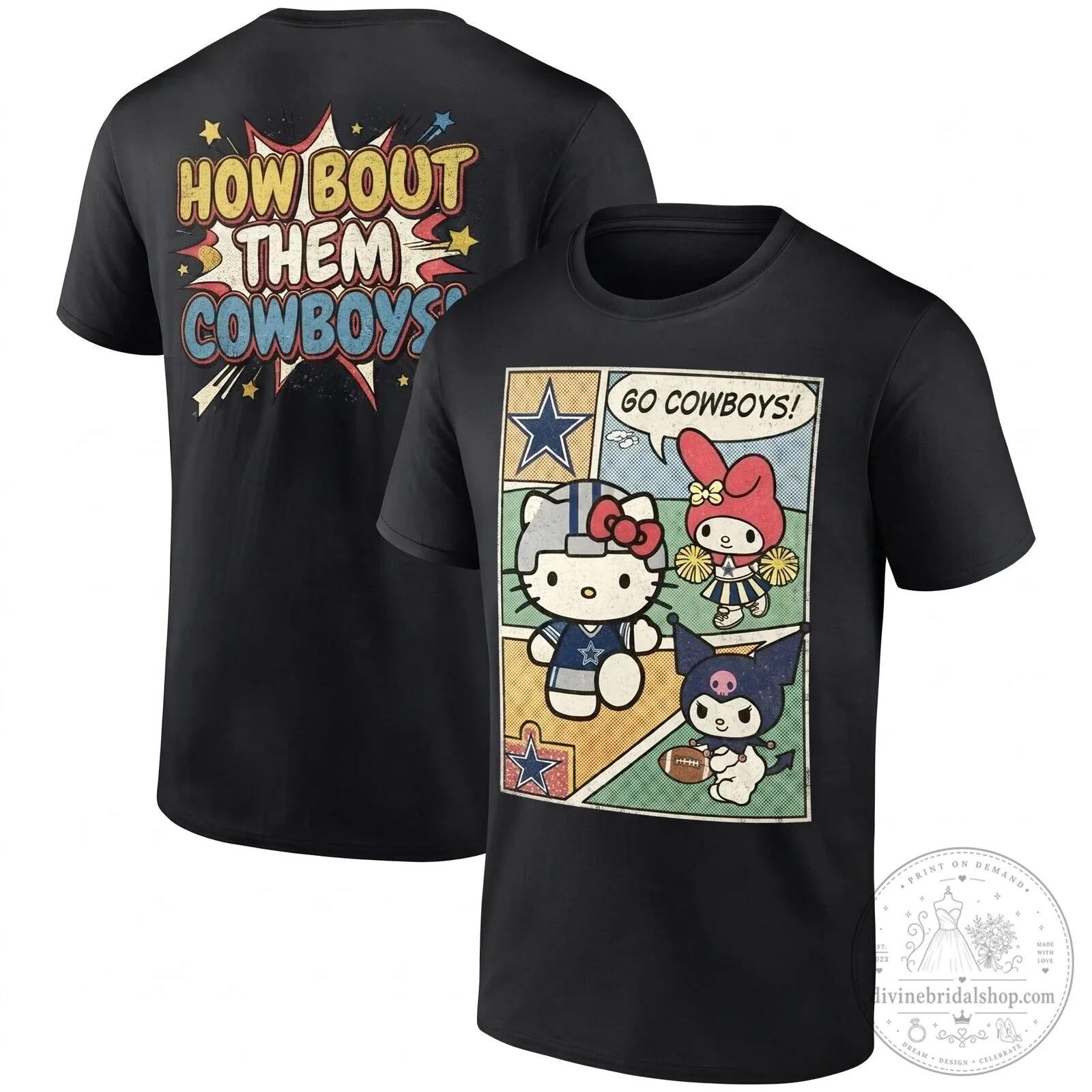 Dallas Cowboys Hello Kitty My Melody Kuromi Football Comic Black T-Shirt