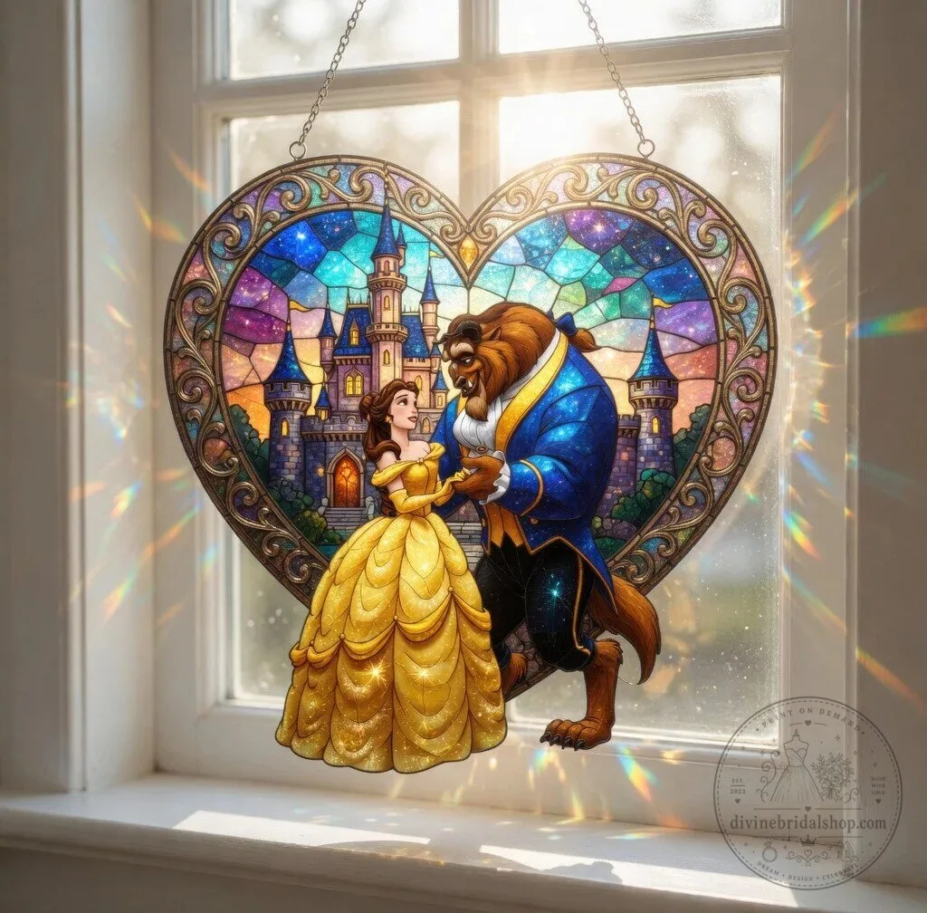 Beauty and the Beast Stained Glass Heart Castle Suncatcher Window Decor