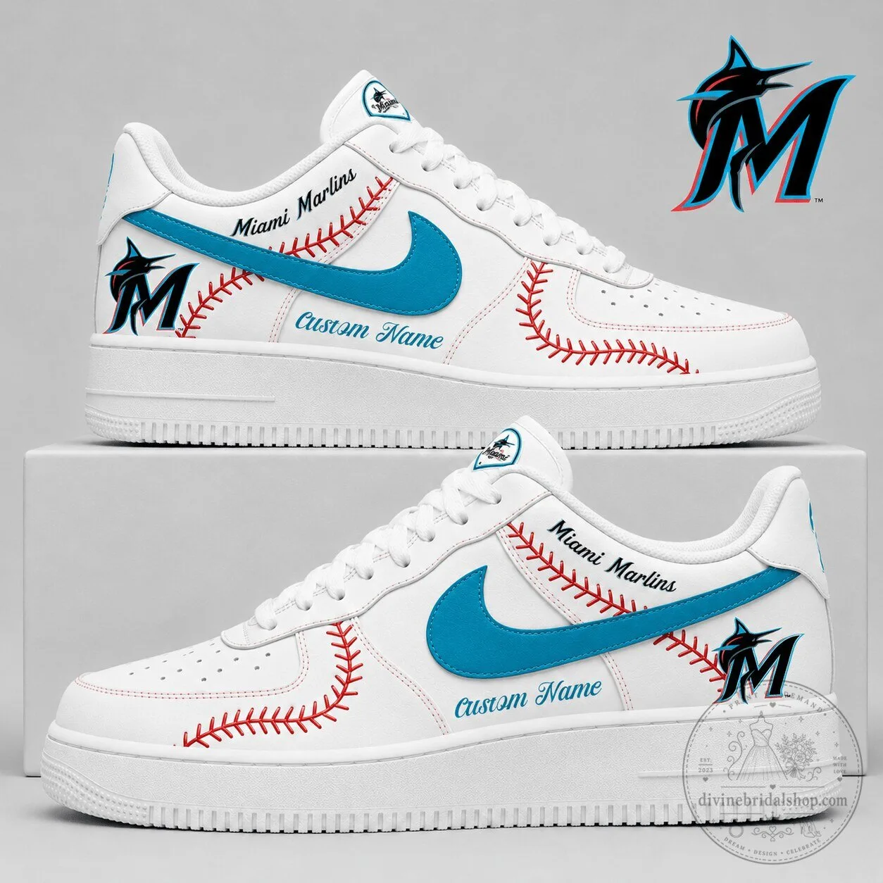Miami Marlins Baseball Team Custom Name White Sneakers Shoes