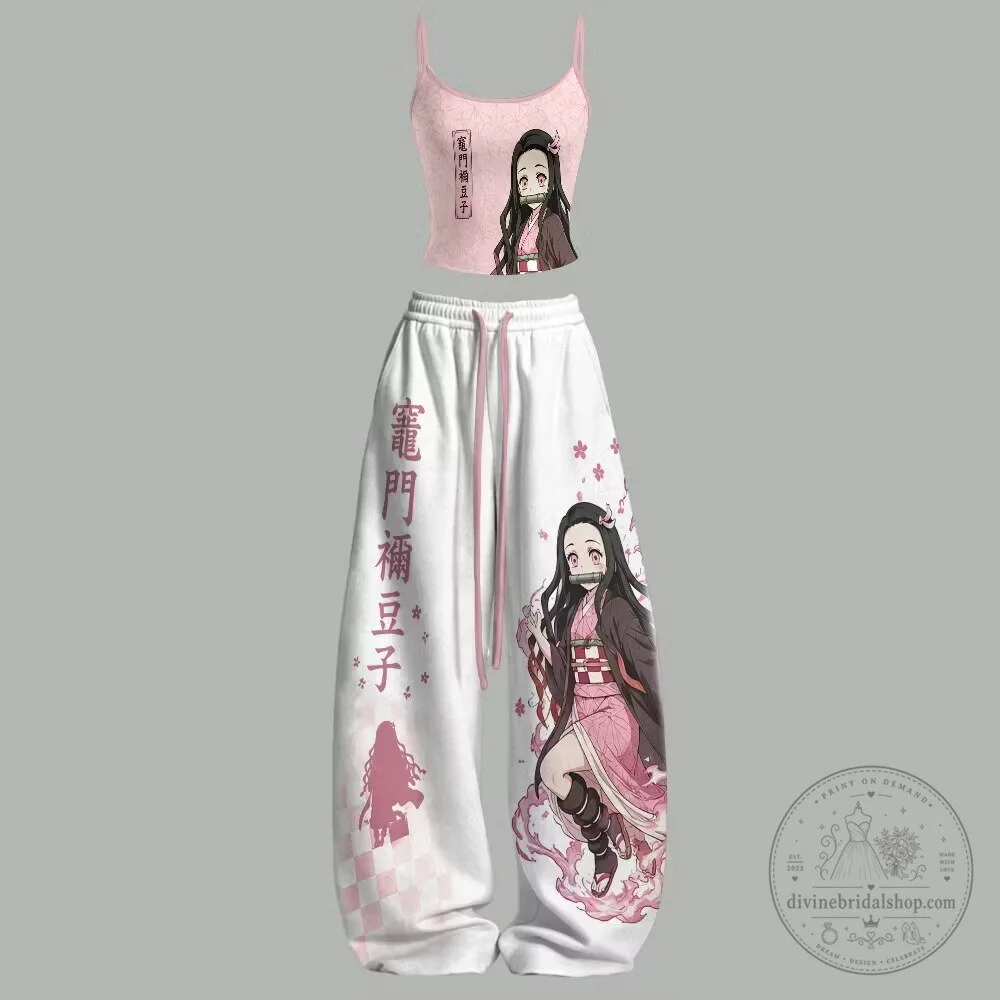 Demon Slayer Nezuko Kamado Anime Character Pink Crop Top and Pants Set