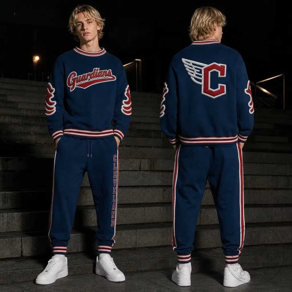 Navy Blue Sweatshirt and Sweatpants Set featuring Cleveland Guardians Baseball Team Logo