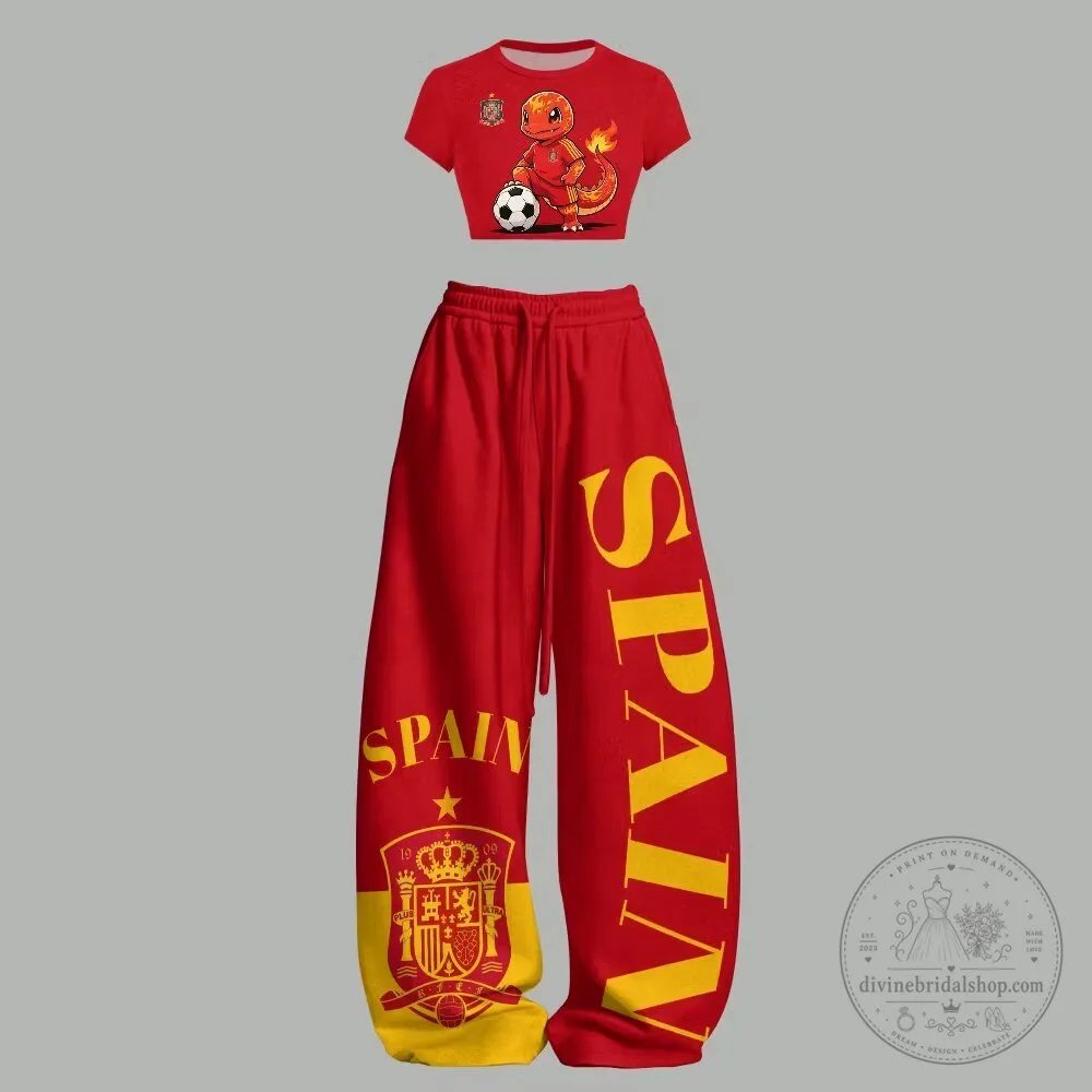 Spain Football Charmander Women's Cropped T-Shirt and Wide Leg Pants Set