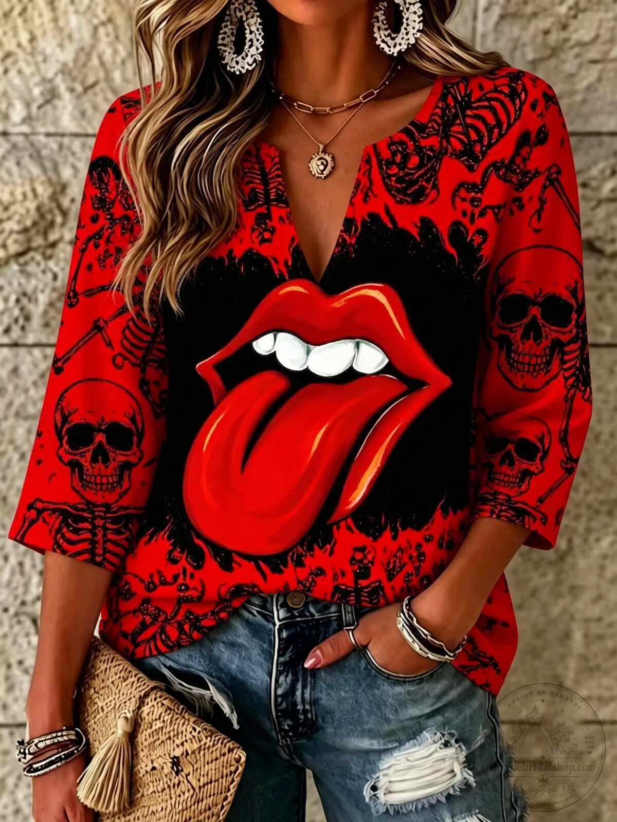 Rolling Stones Red Lips and Tongue Rock Band Women's V-Neck T-Shirt