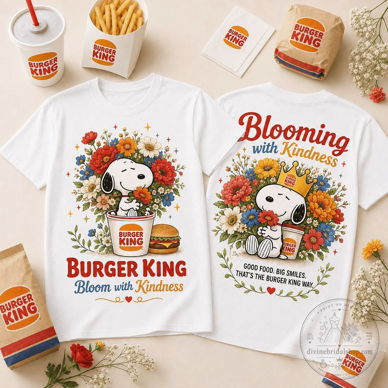 Burger King Snoopy Blooming With Kindness White Graphic T-Shirt