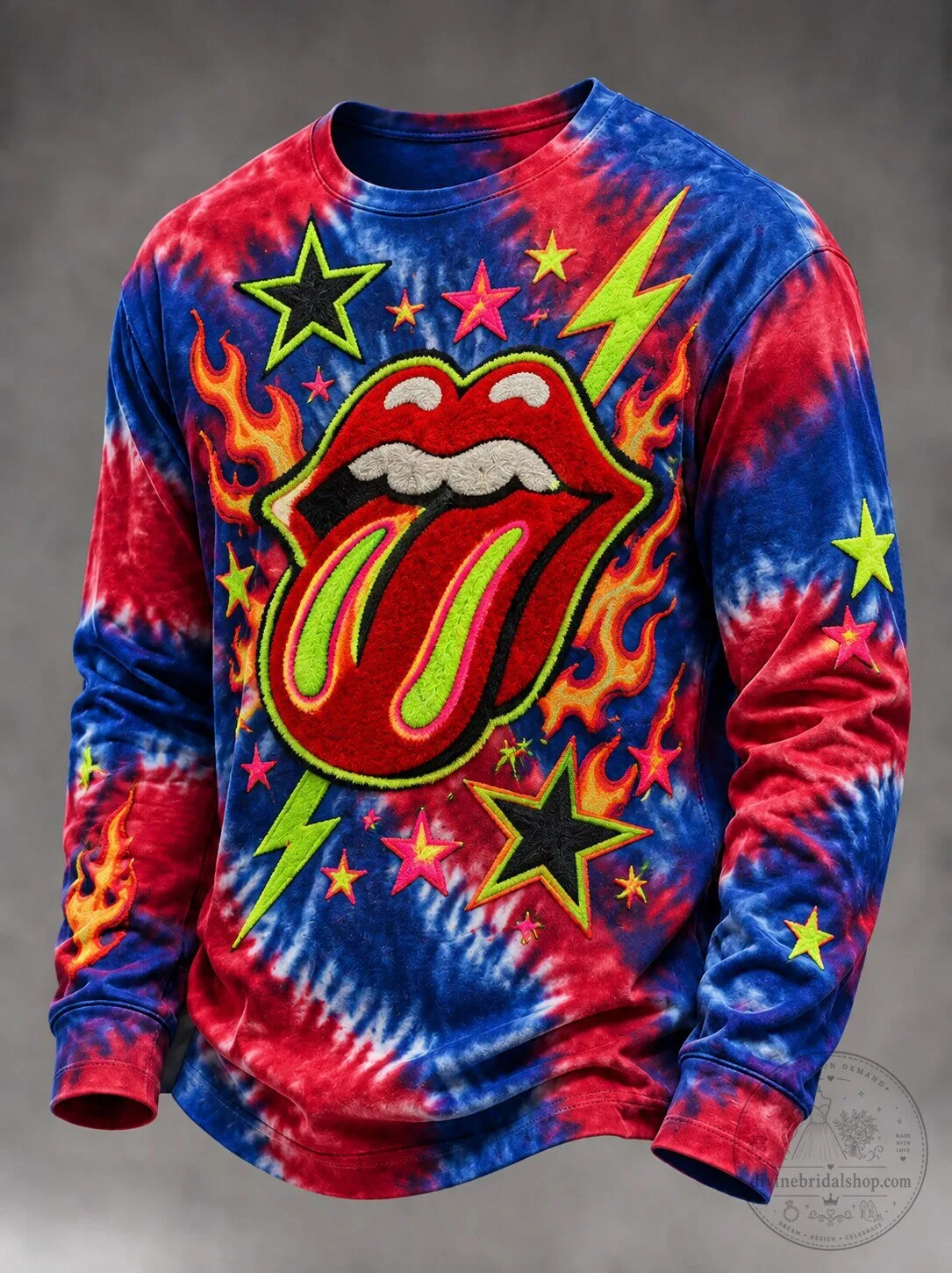 The Rolling Stones Tie-Dye Embroidered Lips Logo Long Sleeve T-Shirt