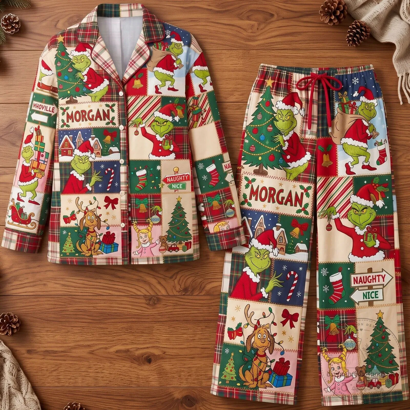 The Grinch Whoville Christmas Plaid Patchwork Holiday Pajamas Set