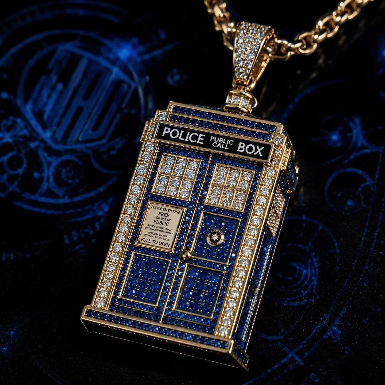 Gold Chain Necklace with Diamond Pendant in Tardis Police Box Design from Doctor Who